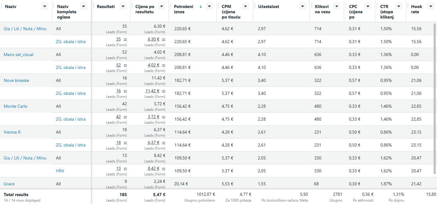 Meta Ads Manager performance report — 185 leada, €5.47 prosječni CPL